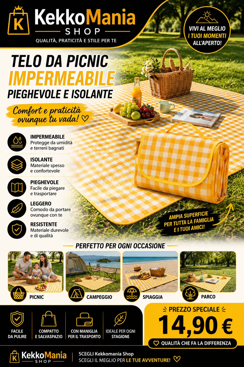KekkoMania Shop – Telo da Picnic Impermeabile Pieghevole e Isolante