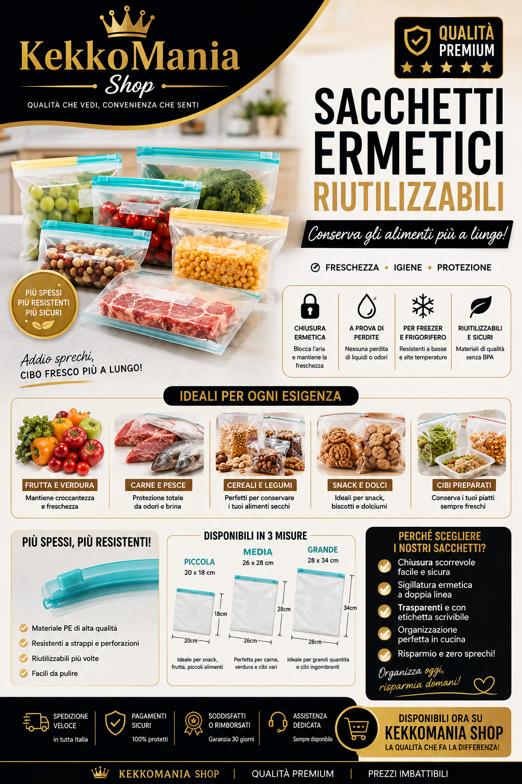 Set di Sacchetti Ermetici Riutilizzabili per Alimenti – Conservazione Frigorifero e Freezer (10, 15 o 20 pezzi)