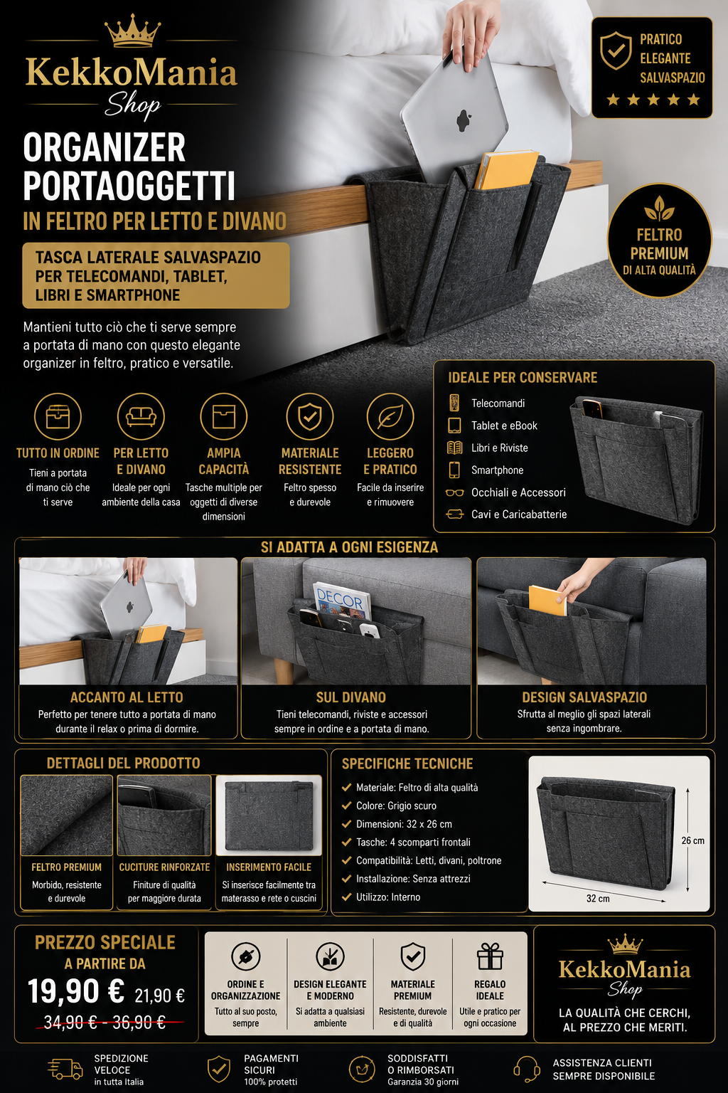 Felt Bedside and Sofa Organizer – Space-Saving Storage Pocket for Remotes, Tablets, Books, and Smartphones