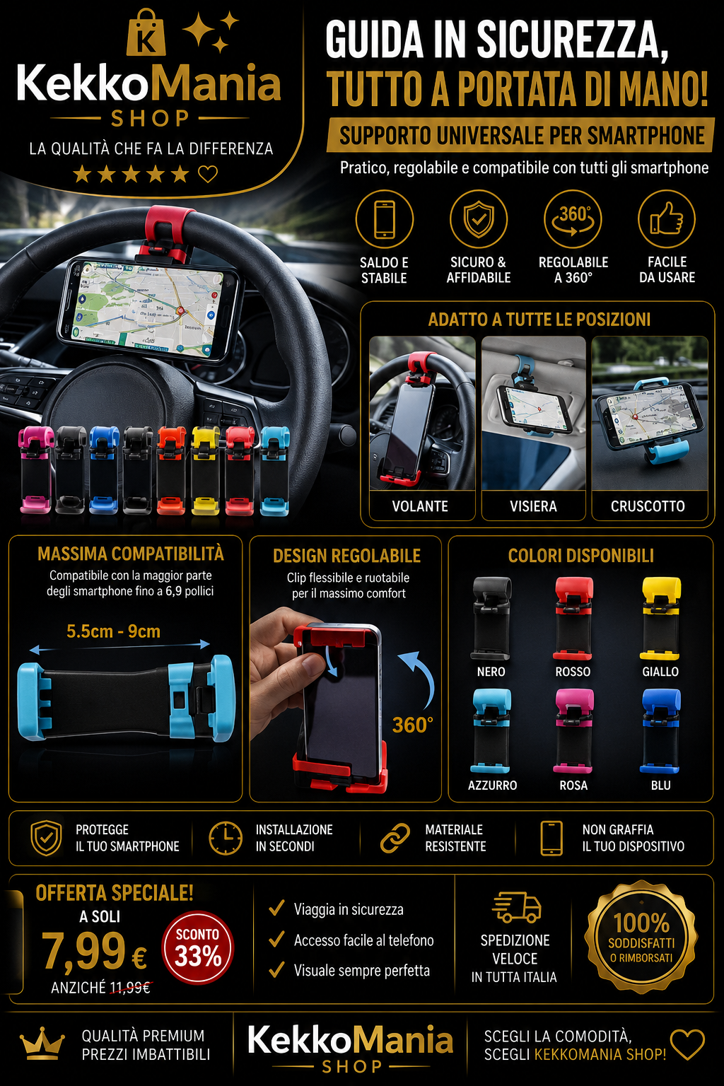 Universal Smartphone Steering Wheel Mount - Adjustable Clip Cell Phone Holder