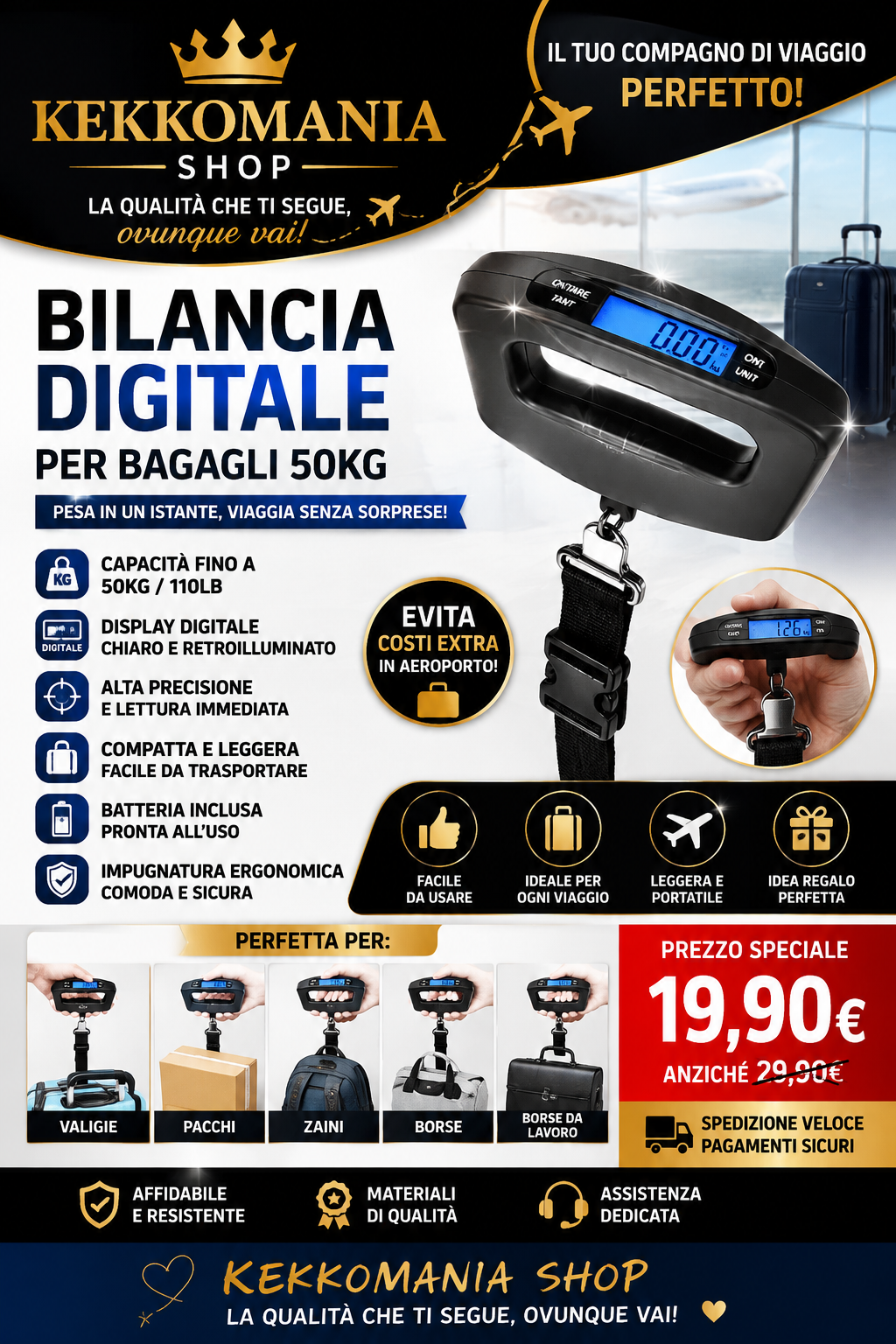 KEKKOMANIA SHOP – Bilancia Digitale Portatile per Bagagli