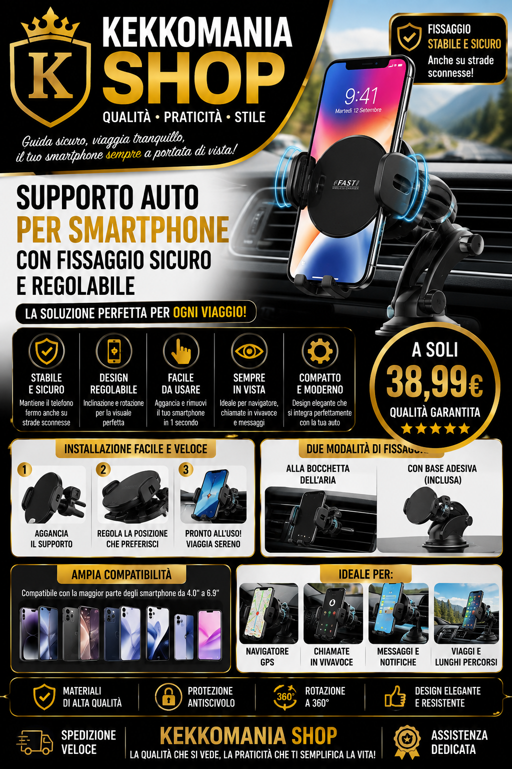 KEKKOMANIA SHOP – Car Phone Holder with Secure and Adjustable Fastening