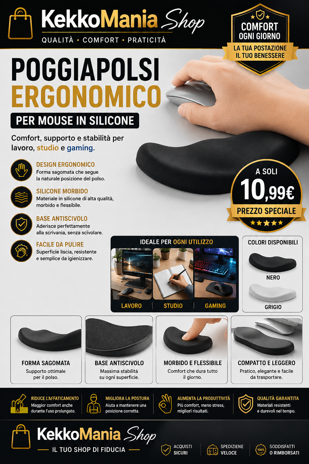 Ergonomic Non-Slip Silicone Mouse Wrist Rest | Wrist Support | KekkoMania Shop