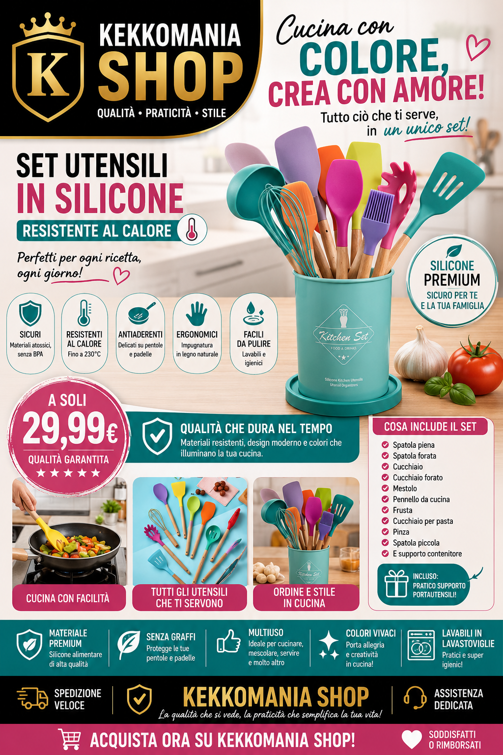 Non-stick Silicone Kitchen Utensil Set – Heat Resistant | KEKKOMANIA SHOP
