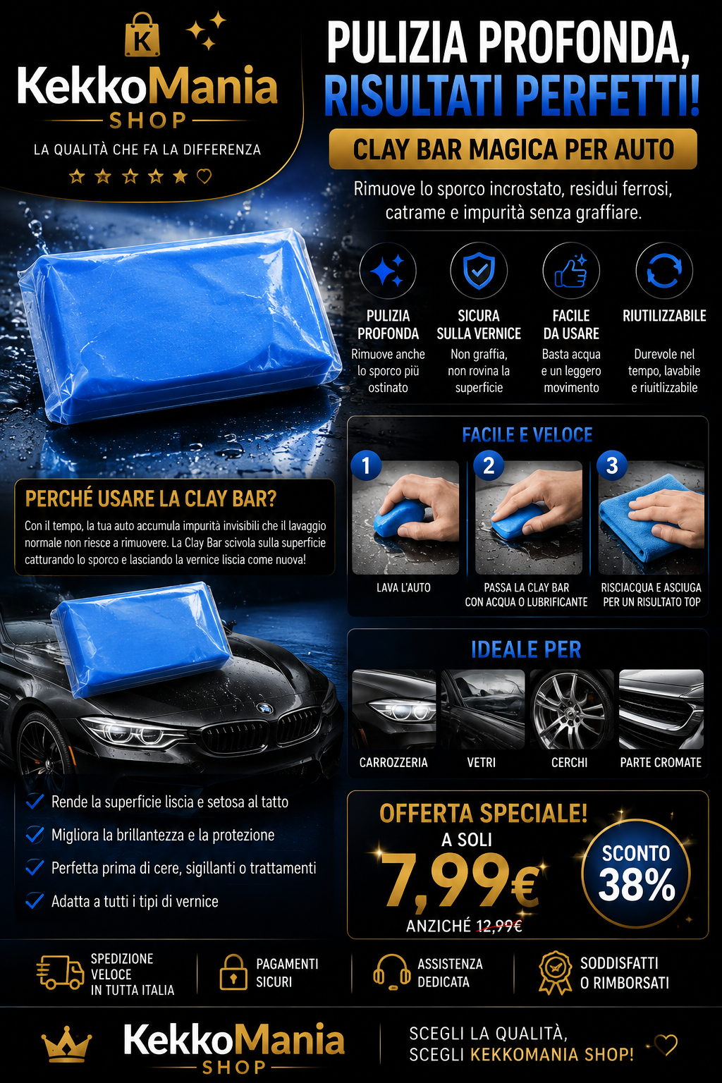 Blue Clay Bar Decontaminating Bar 100 g for Car Washing and Detailing