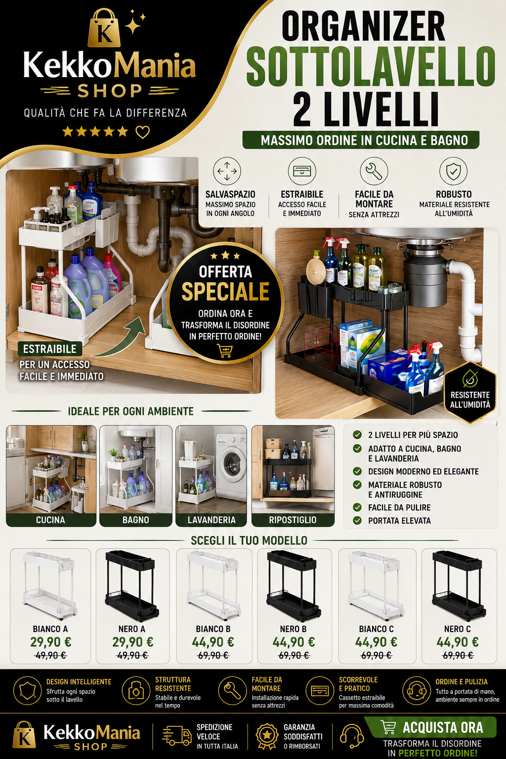 2-Tier Pull-Out Under-Sink Organizer - Space-Saving Shelf for Kitchen and Bathroom