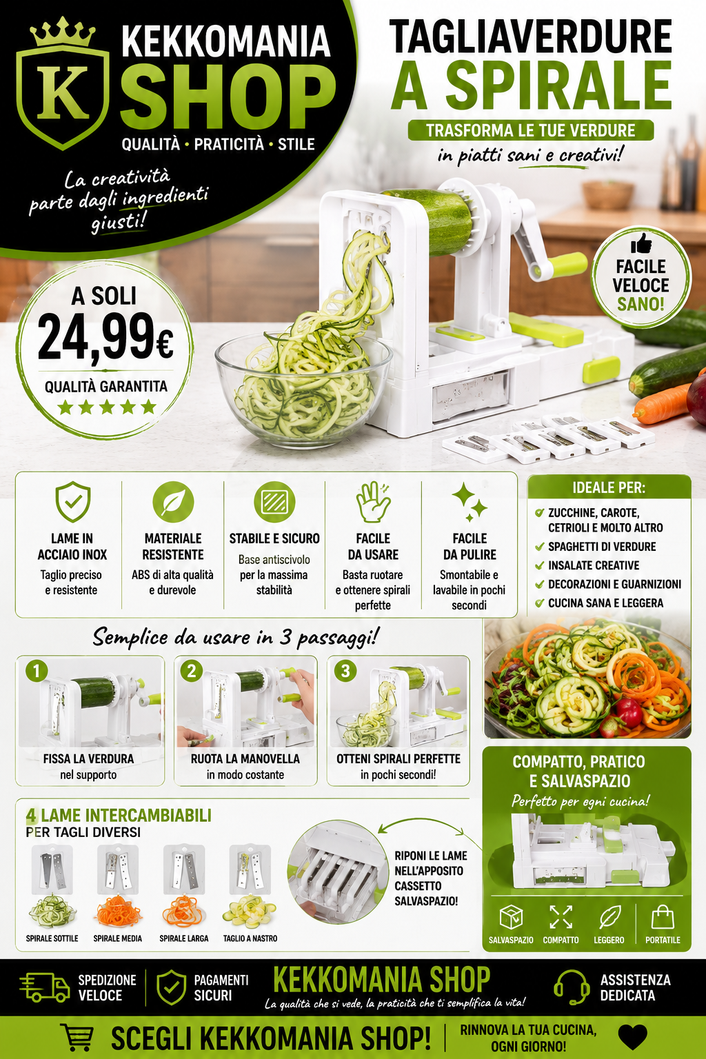 Tagliaverdure Manuale a Spirale 4 in 1 – Spiral Cutter | Kekkomania Shop