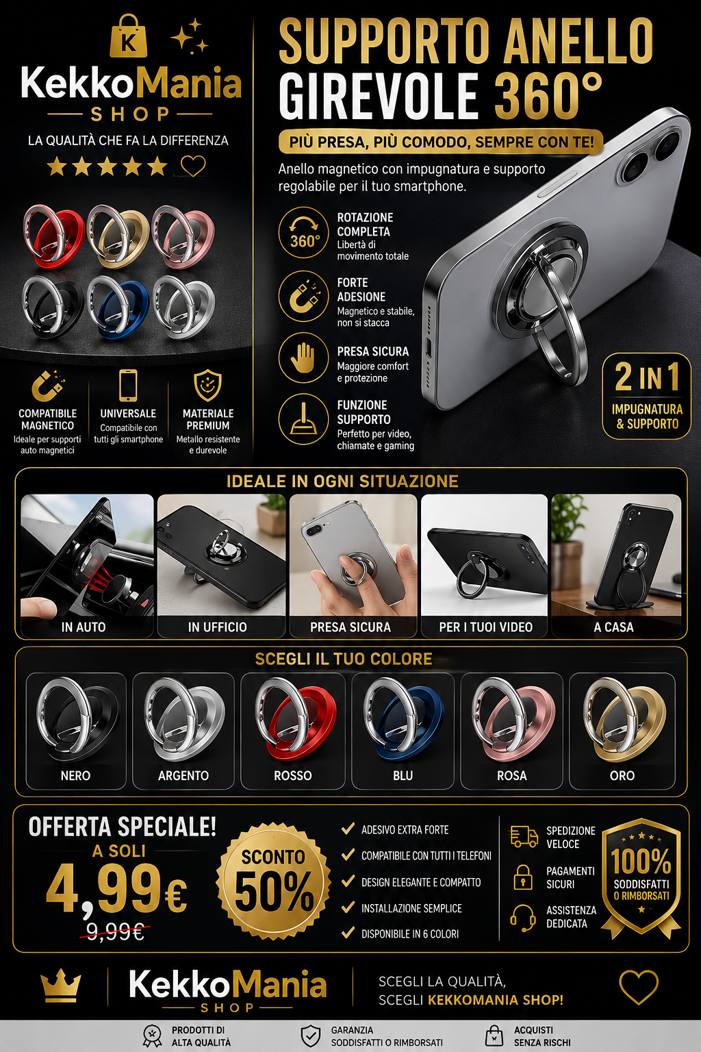 360° Rotating Phone Ring Holder – Universal Magnetic Grip with Kickstand