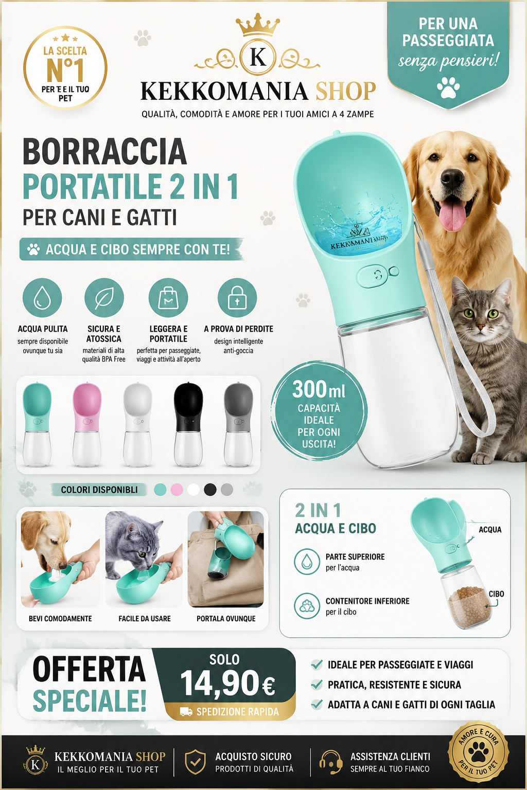 Portable Water Bottle for Dogs and Cats – 300/350/550 ml | KekkoMania Shop