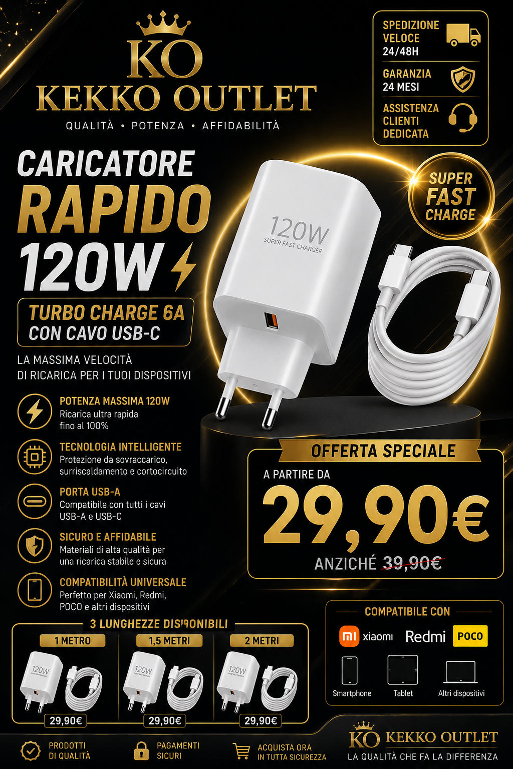 Caricabatterie Rapido USB-C 120W 6A con Cavo – Turbo Charge per Xiaomi, Redmi e Smartphone