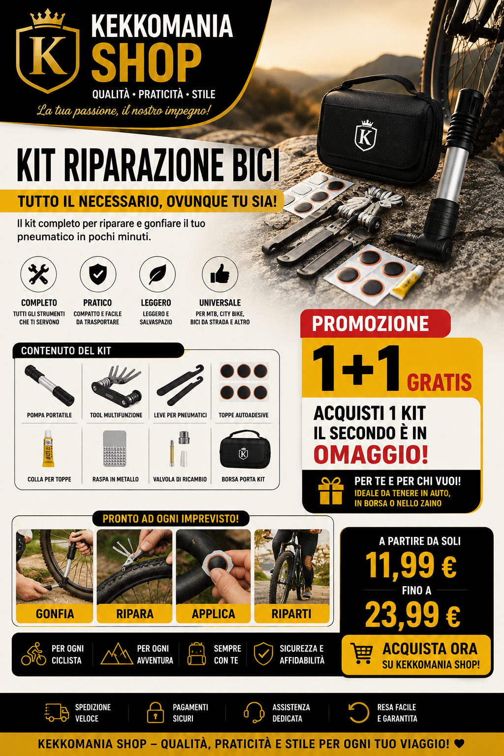 KEKKOMANIA SHOP – Kit di riparazione bici con pompa e accessori per pneumatici