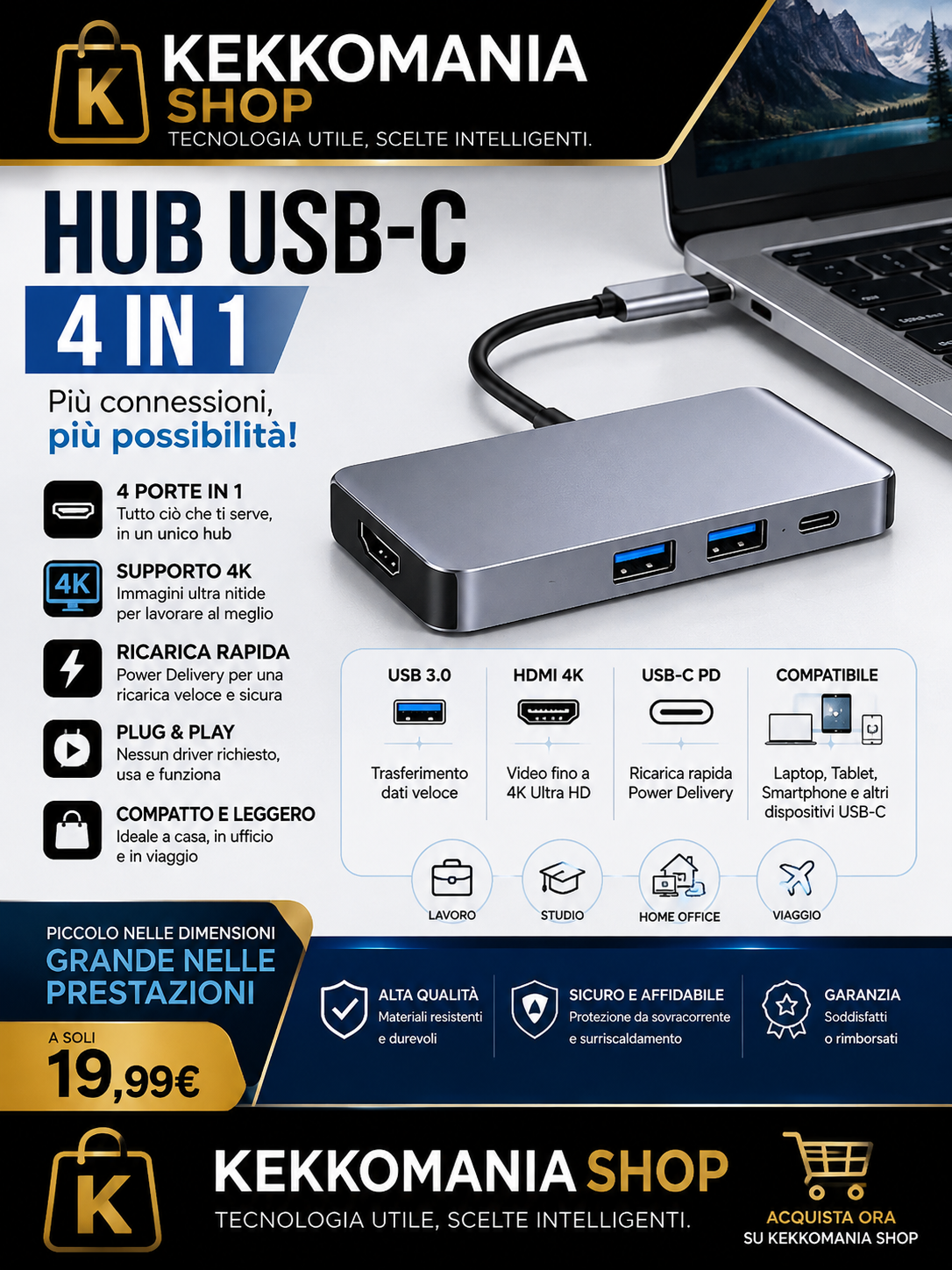 KekkoMania Shop – Hub USB-C 4 in 1 4K con Ricarica Rapida