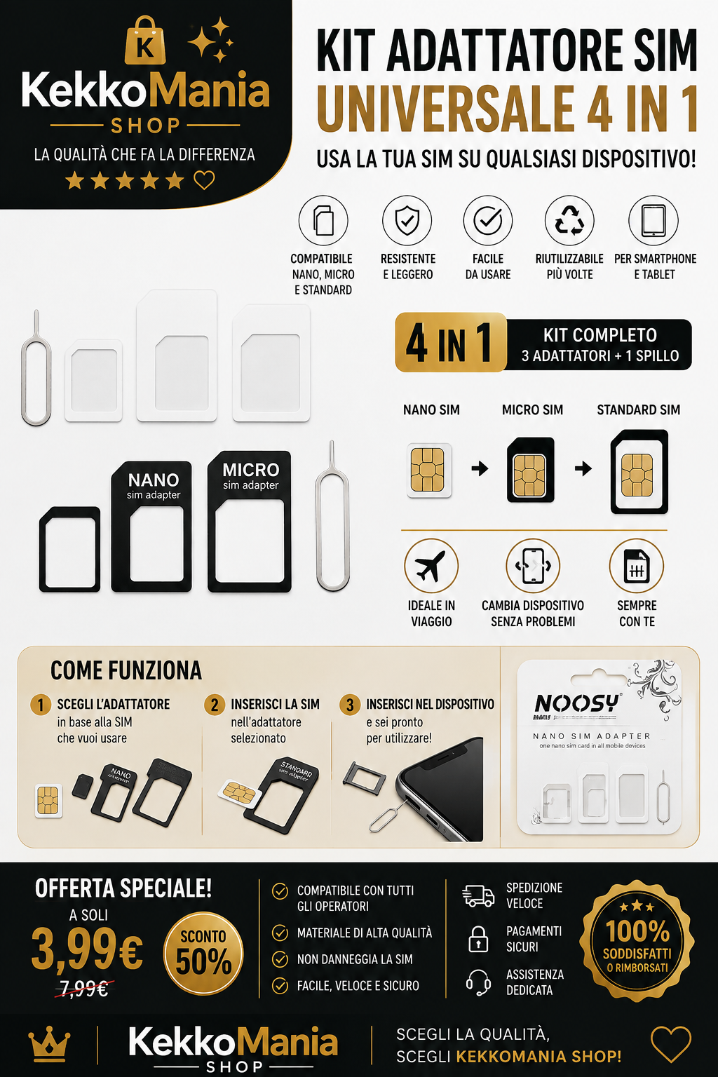 Kit adattatore SIM universale 4 in 1 – Da Nano SIM a Micro e standard con spilla di espulsione SIM