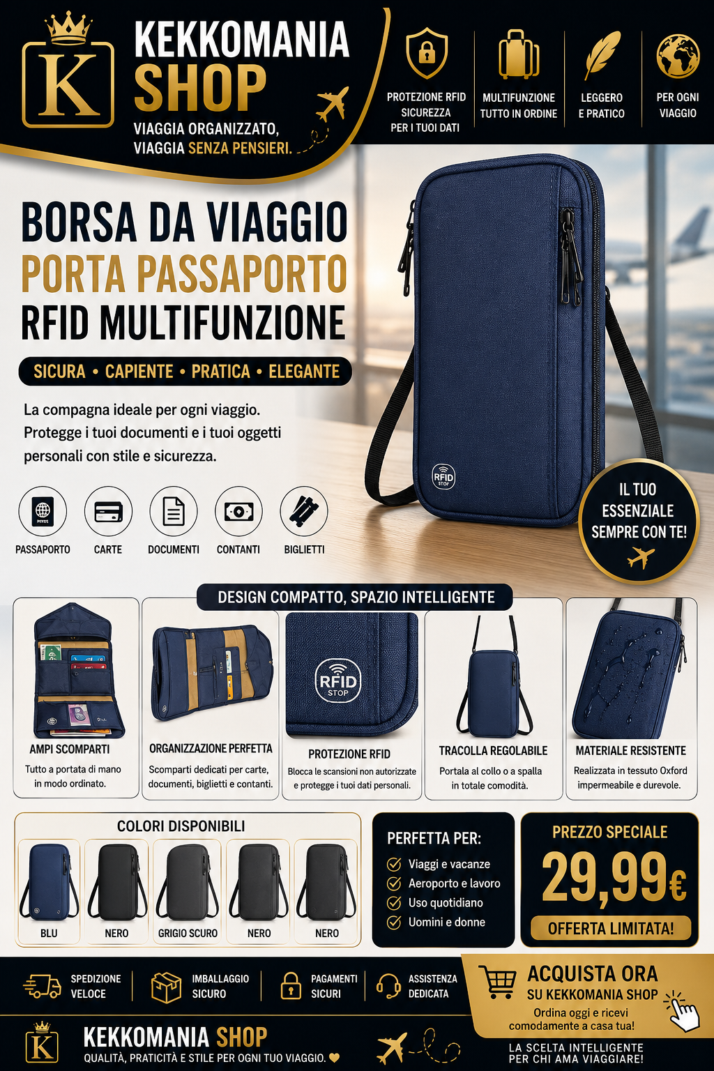 KEKKOMANIA SHOP – Multifunction RFID Passport Holder Travel Bag