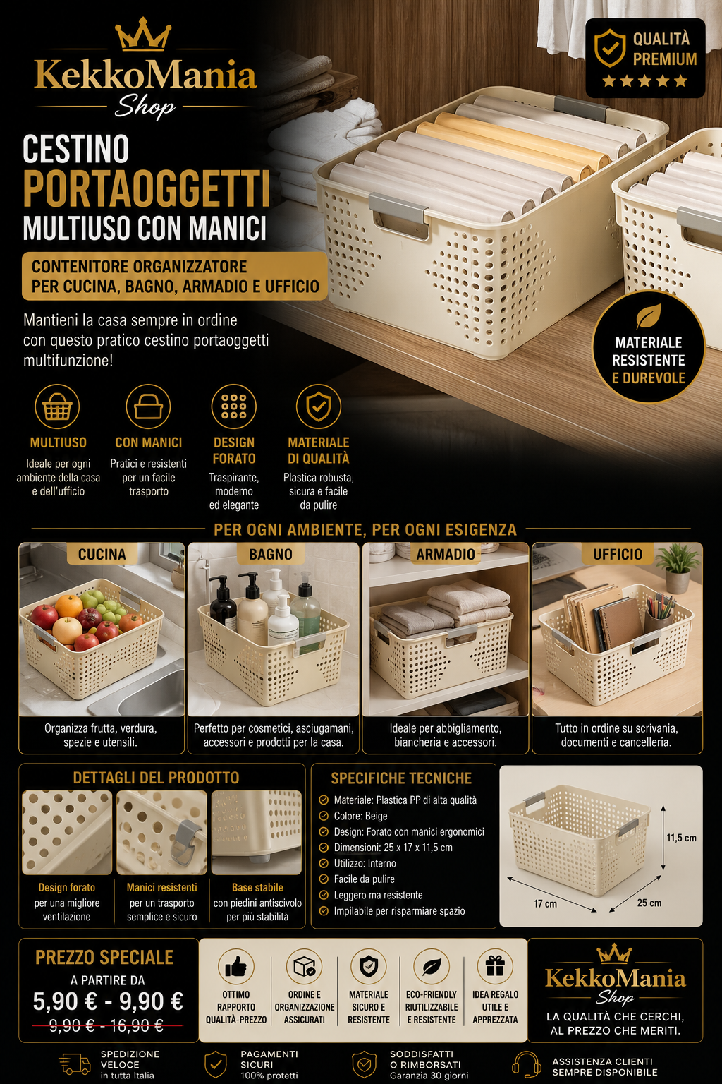 Multipurpose Storage Basket with Handles – Organizer Container for Kitchen, Bathroom, Wardrobe and Office
