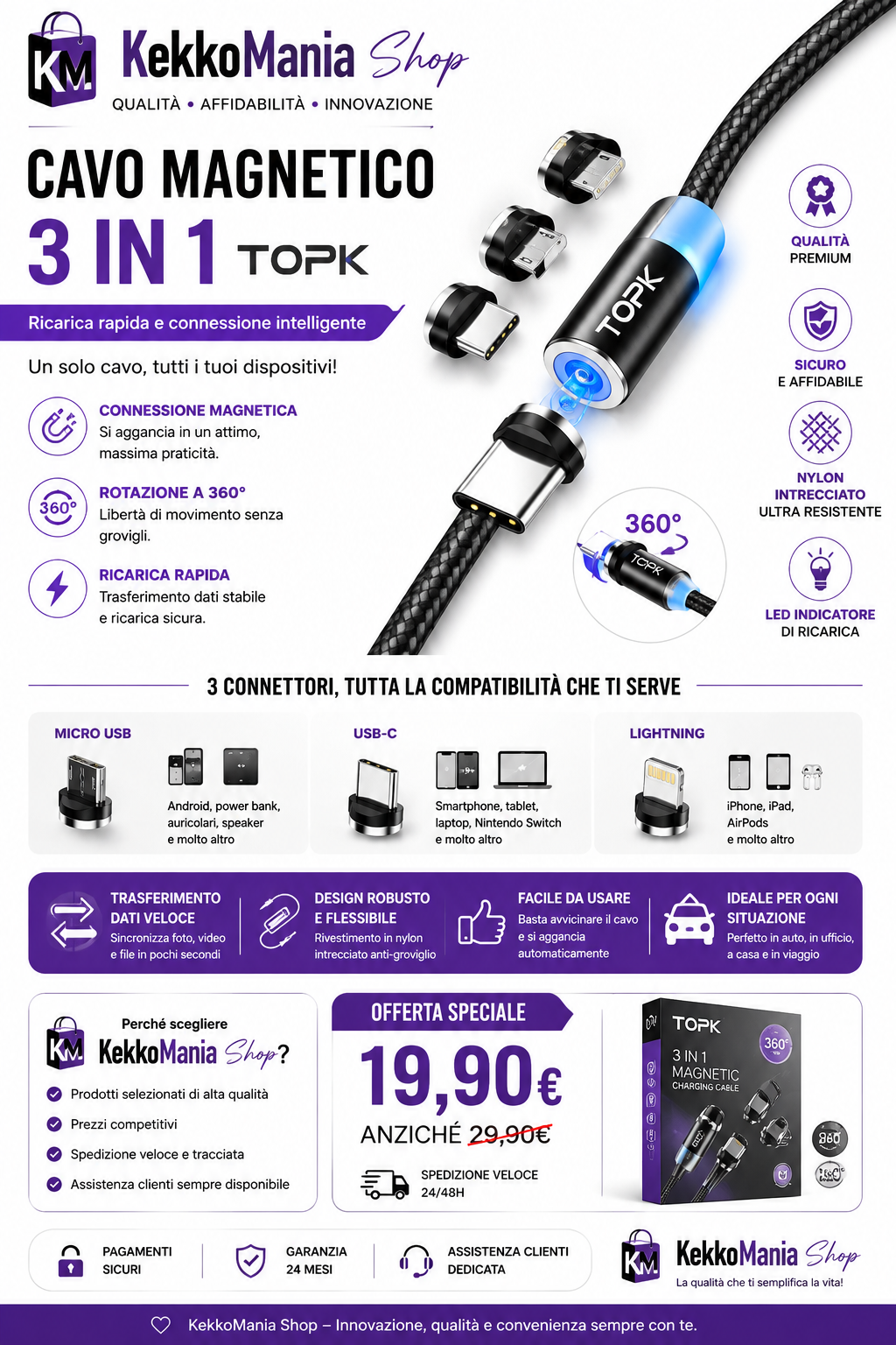 KekkoMania Shop – Cavo Magnetico 3 in 1 TOPK 360° – Micro USB, USB-C e Lightning