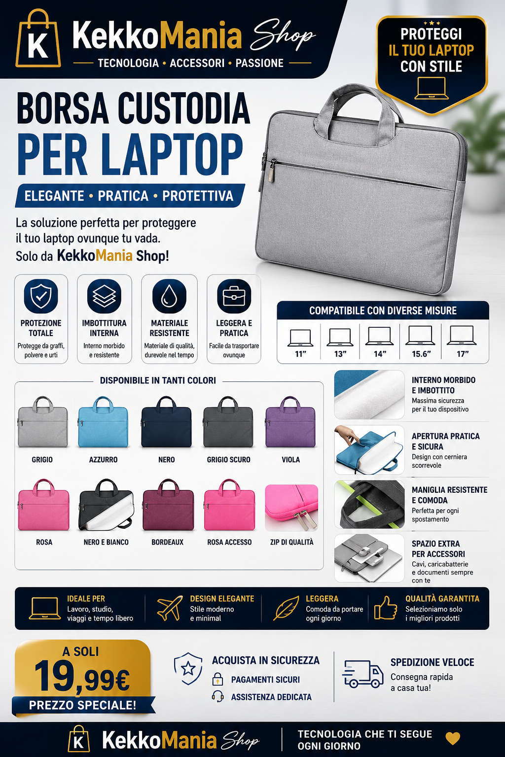 KekkoMania Shop – Imbottitura per borsa custodia per laptop e notebook, elegante e protettiva