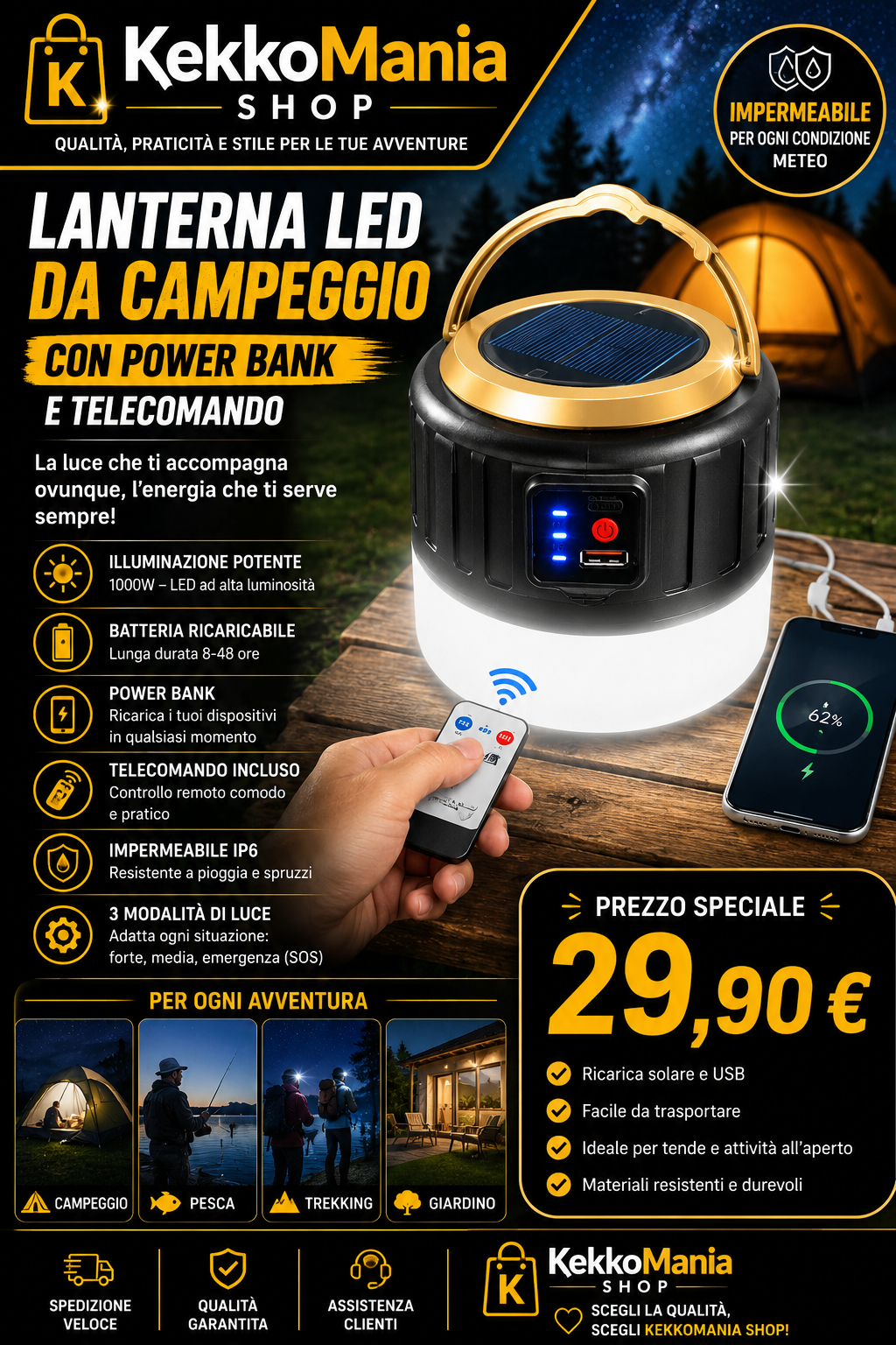 KekkoMania Shop – Lanterna LED da Campeggio con Power Bank e Telecomando