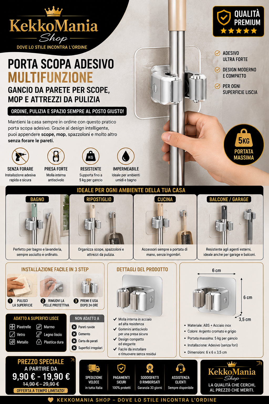 Porta Scopa Adesivo Multifunzione – Gancio da Parete per Scope, Mop e Attrezzi da Pulizia