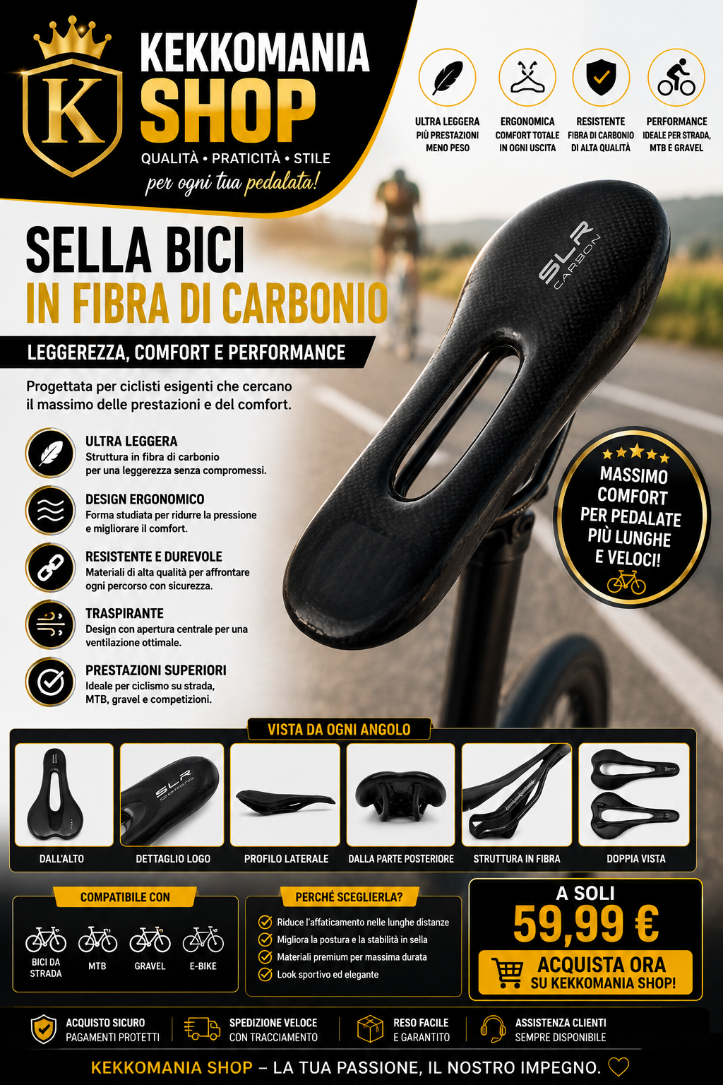 KEKKOMANIA SHOP – Sella Bici Ergonomica in Fibra di Carbonio, Leggera e Sportiva