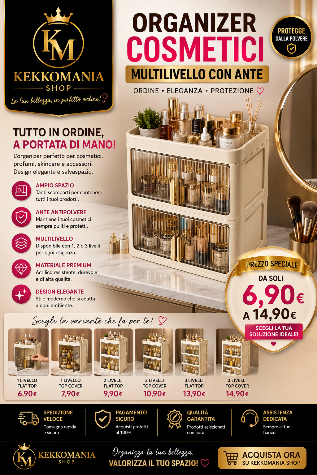KekkoMania Shop – Multi-level Cosmetic Organiser with Doors | Desk Organiser