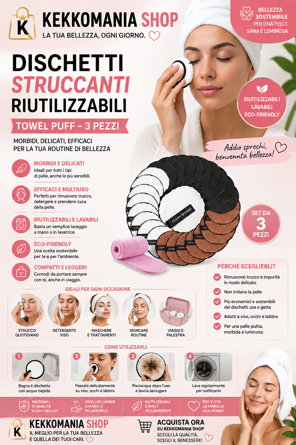 Dischetti Struccanti Riutilizzabili 3 Pezzi – Towel Puff per Pulizia e Cura del Viso | KekkoMania Shop