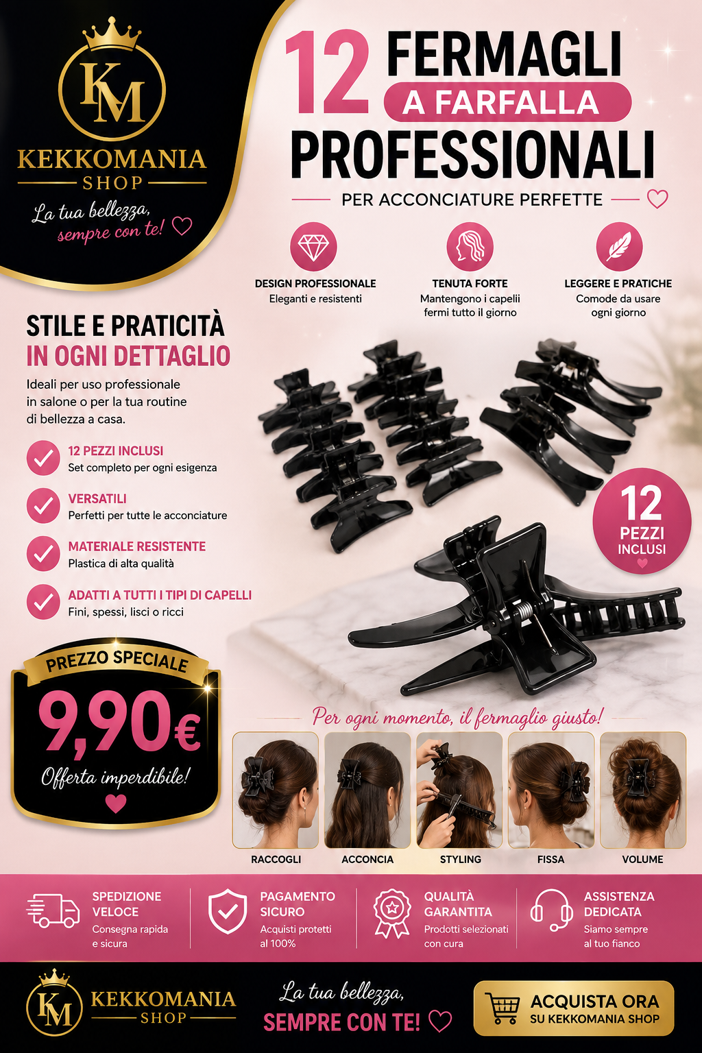KekkoMania Shop – Set da 12 Fermagli per Capelli a Farfalla Professionali