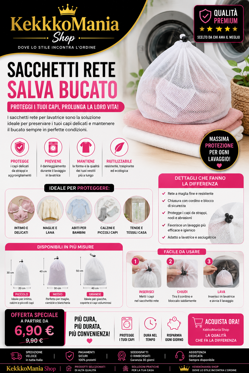 Sacchetto in Rete per Lavatrice con Chiusura a Cordino – Protezione per Capi Delicati (Diverse Misure)