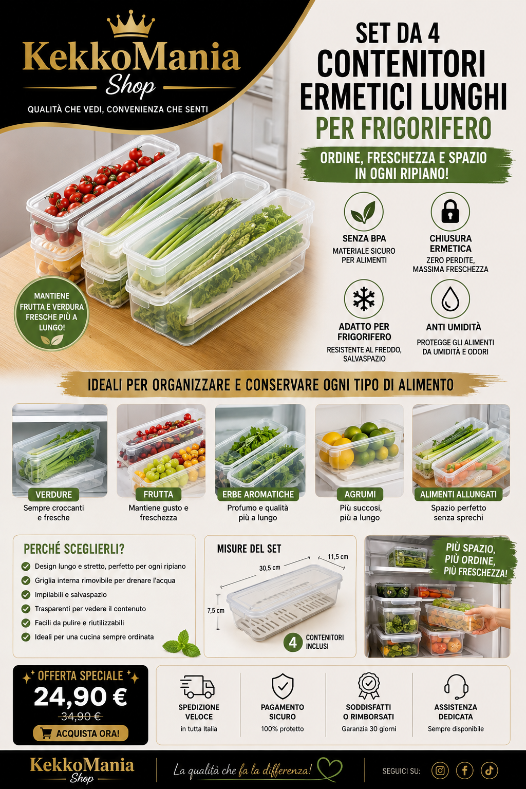 Set di 4 Contenitori Ermetici Lunghi per Frigorifero – Organizer per Verdure e Alimenti