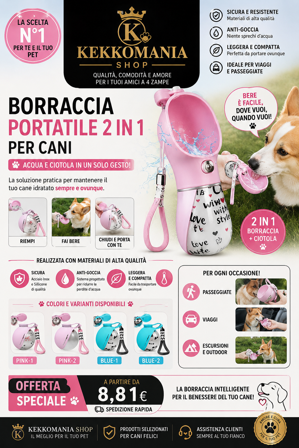 KekkoMania Shop – Borraccia Portatile 2 in 1 per Cani con Ciotola Integrata
