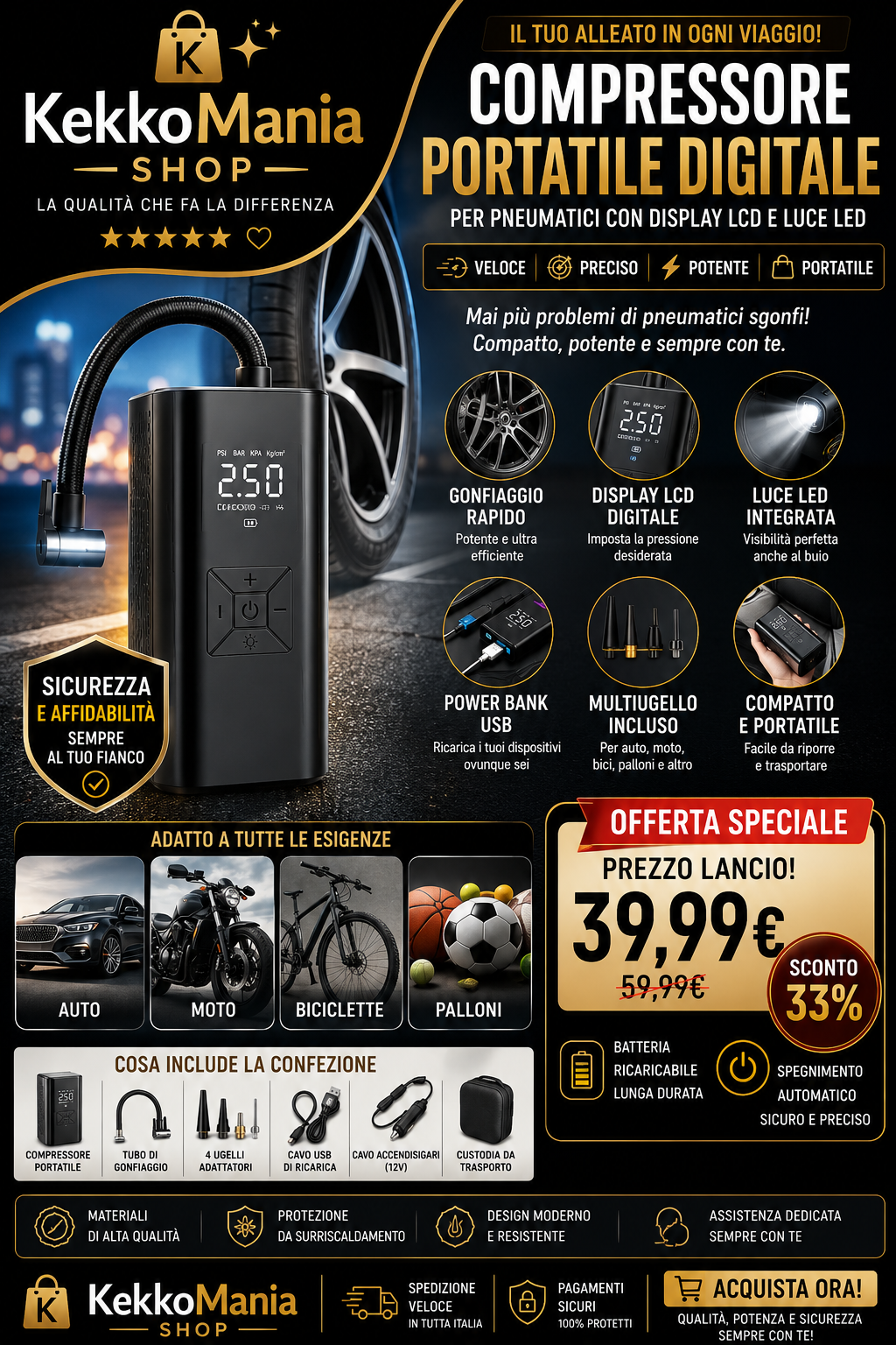 Digital Portable Tire Inflator 150 PSI with LCD Display, LED Light and USB Power Bank – For Car, Motorcycle and Bicycle