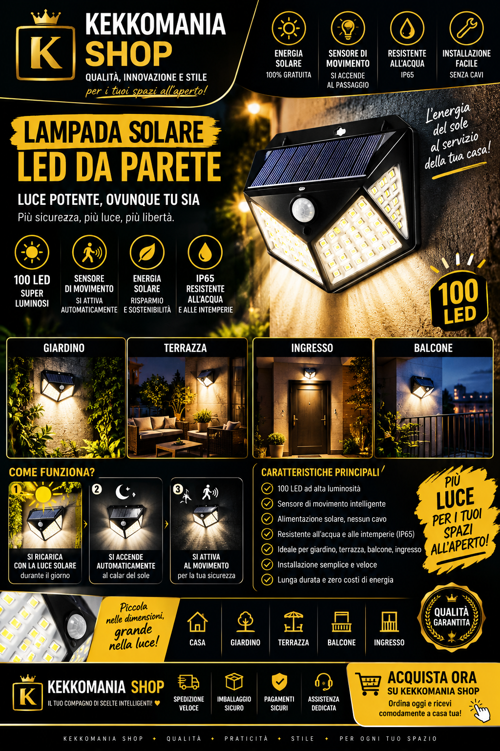 KEKKOMANIA SHOP – Solar LED Wall Lamp 100 LEDs with Motion Sensor