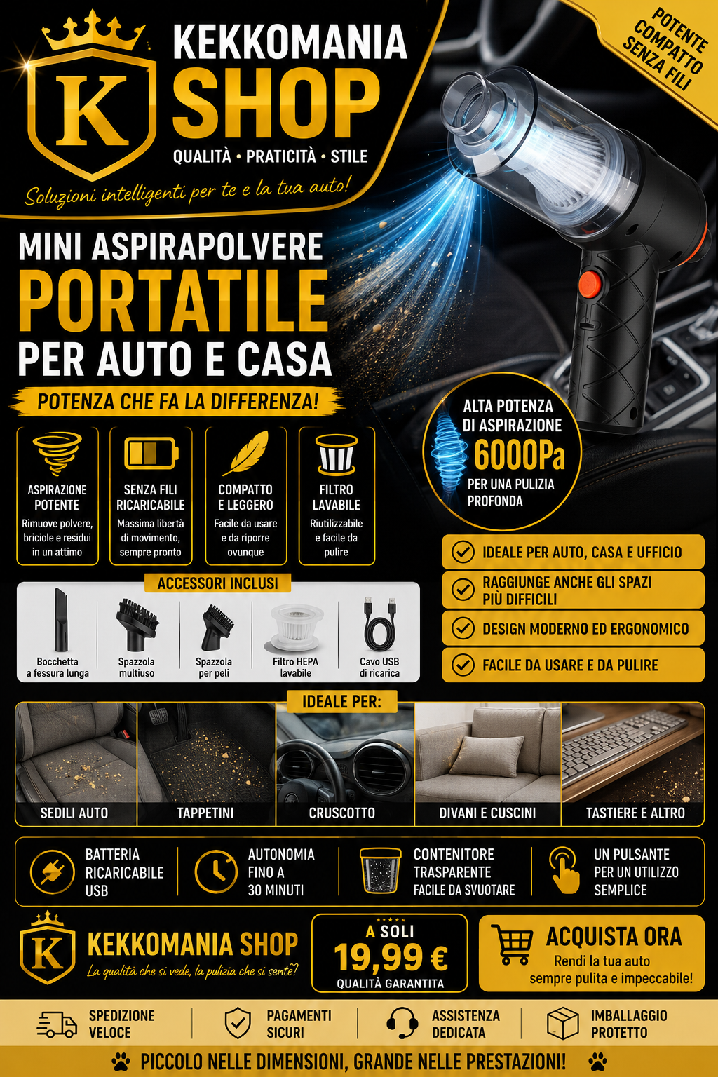 KEKKOMANIA SHOP – Mini Aspirapolvere Portatile per Auto, Aspirapolvere Wireless ad Alta Potenza