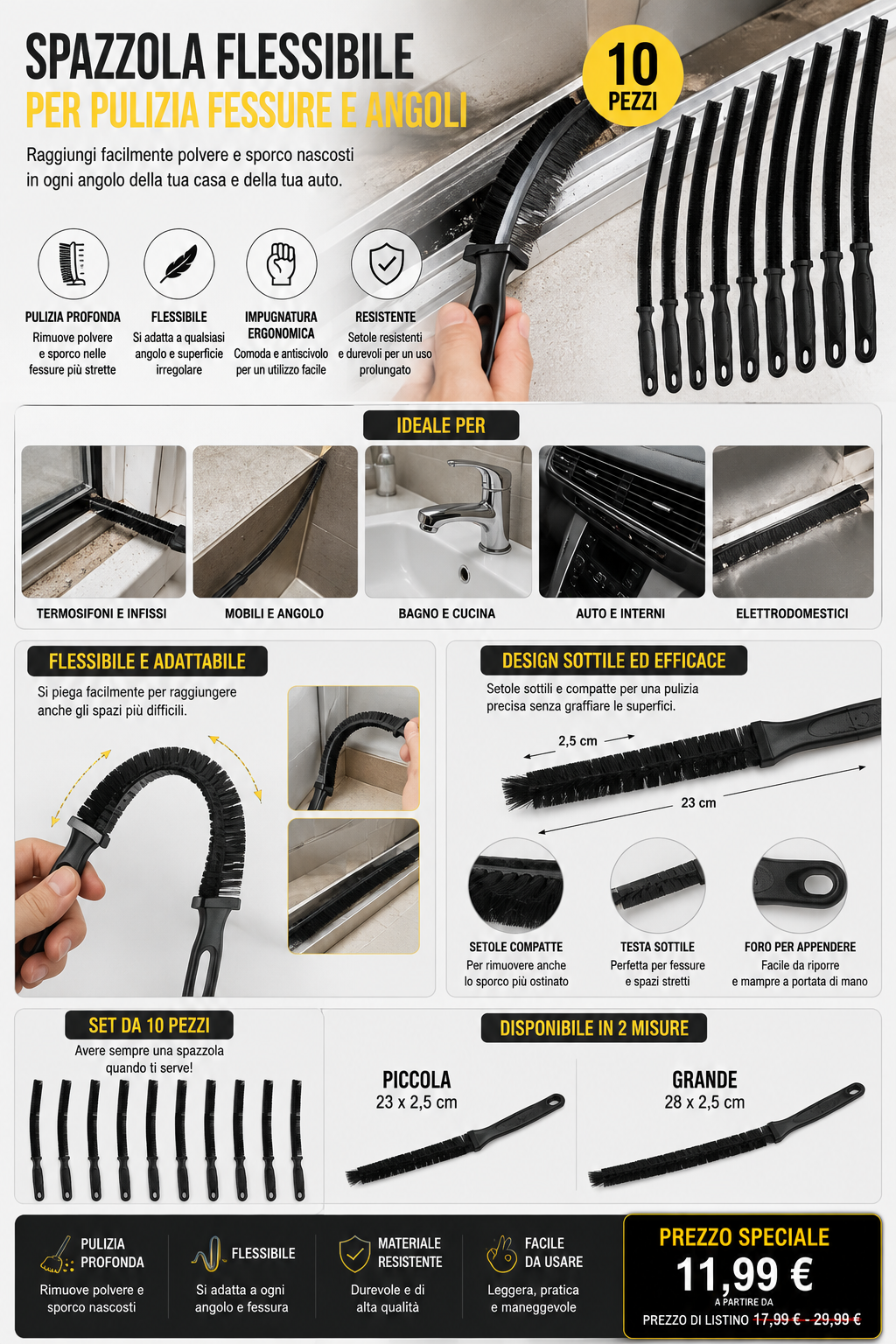 Flexible Crevice and Corner Cleaning Brush – Ideal for Radiators, Furniture, and Cars