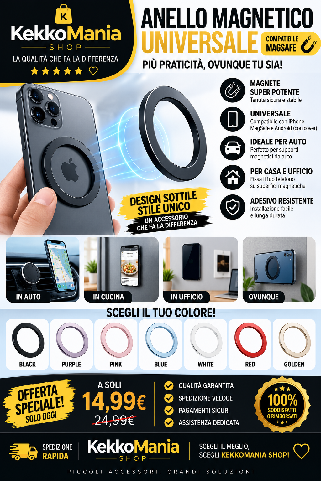 Anello Magnetico Universale MagSafe per Smartphone – Supporto Adesivo Magnetico per Auto, Casa e Ufficio