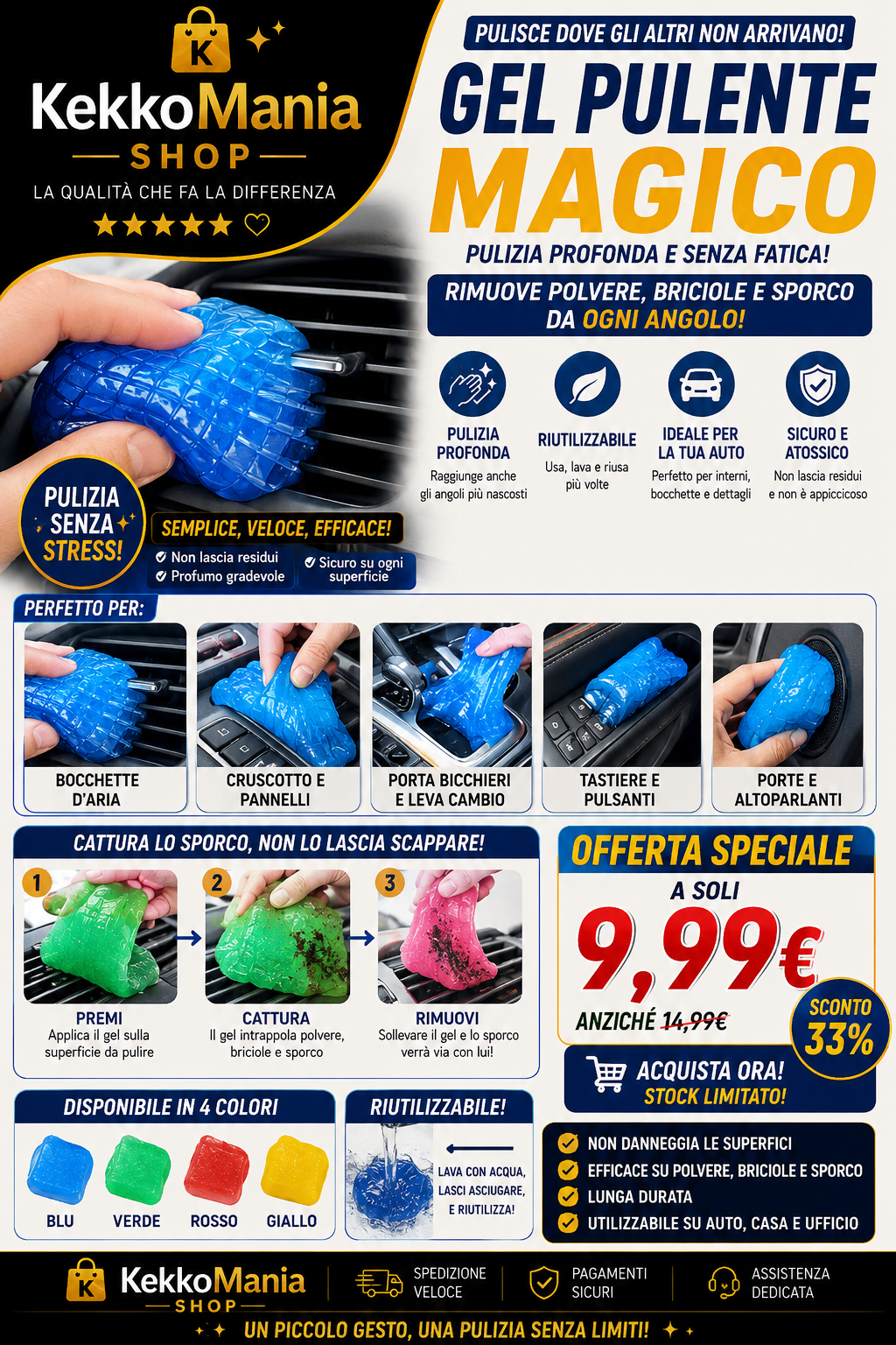 Gel Detergente Universale per Auto e Tastiera - Rimuove Polvere e Sporco dalle Fessure