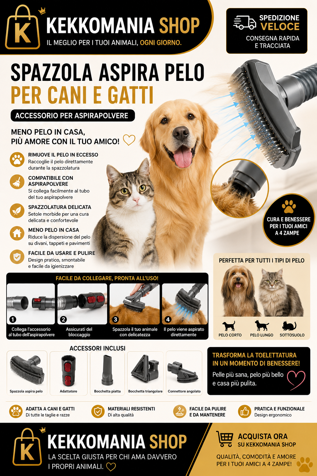 Spazzola Togli Pelo per Cani e Gatti – Accessorio per Aspirapolvere | KekkoMania Shop