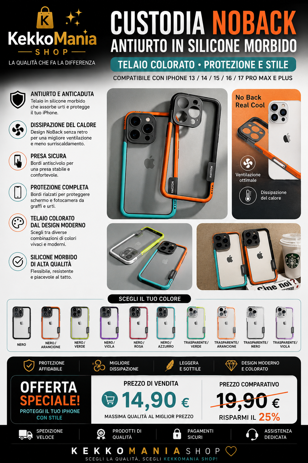 NoBack Shockproof Silicone Case with Colored Frame for iPhone – Protection and Heat Dissipation