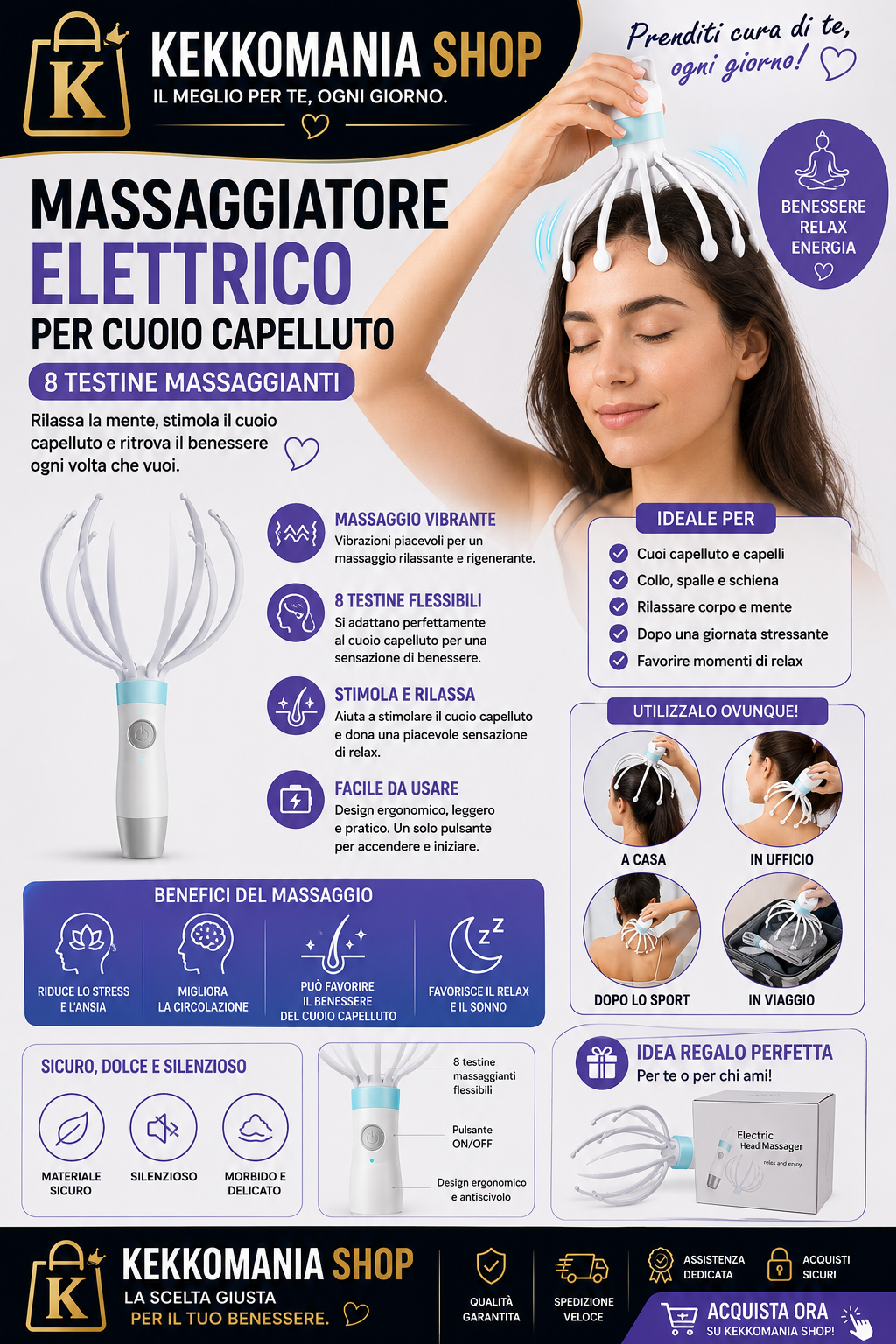 Massaggiatore Elettrico per Cuoio Capelluto – Massaggio Vibrante a 8 Testine | KekkoMania Shop