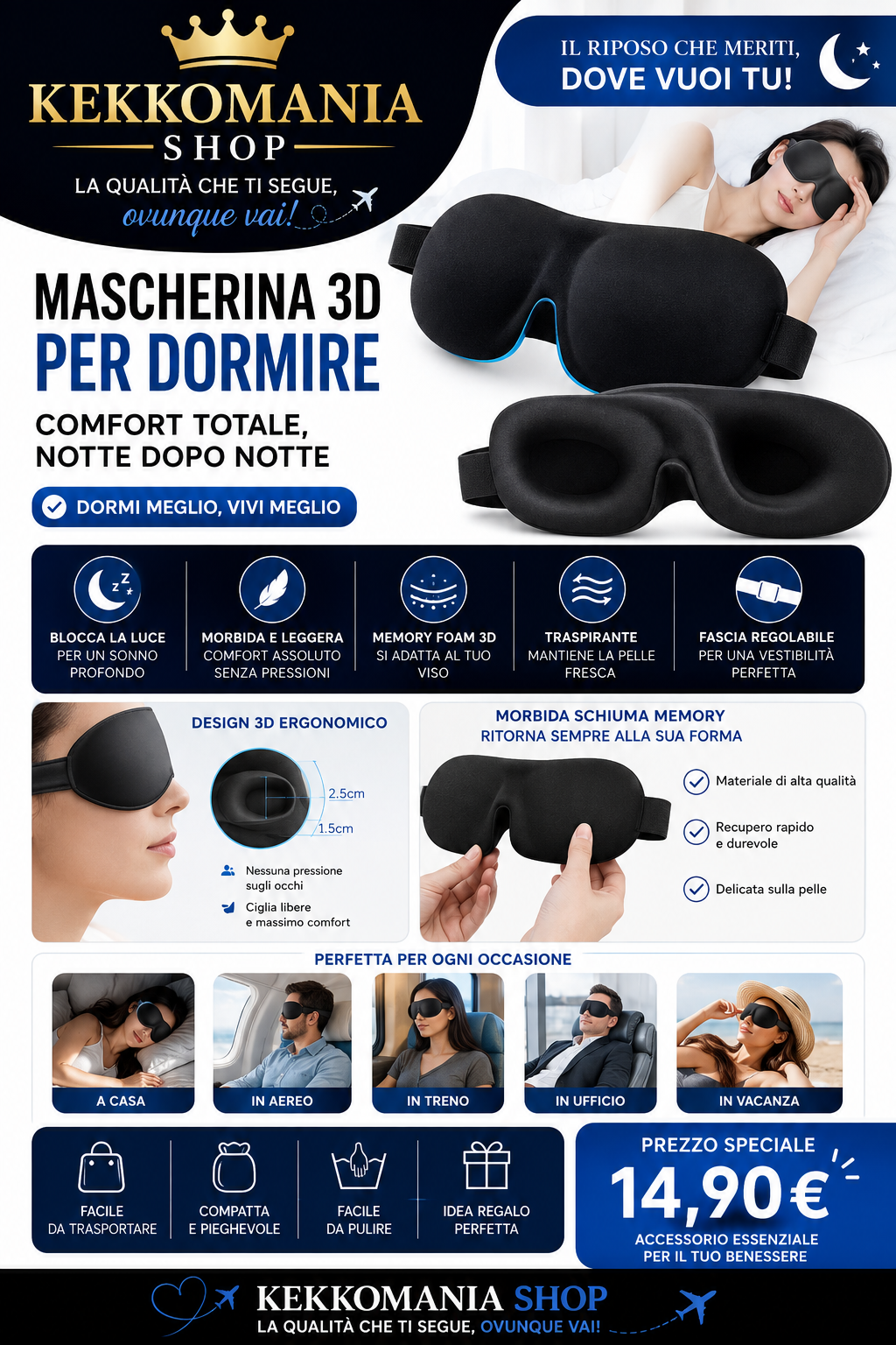 Kekkomania Shop – 3D Memory Foam Sleep Mask, Eye Mask for Travel and Rest