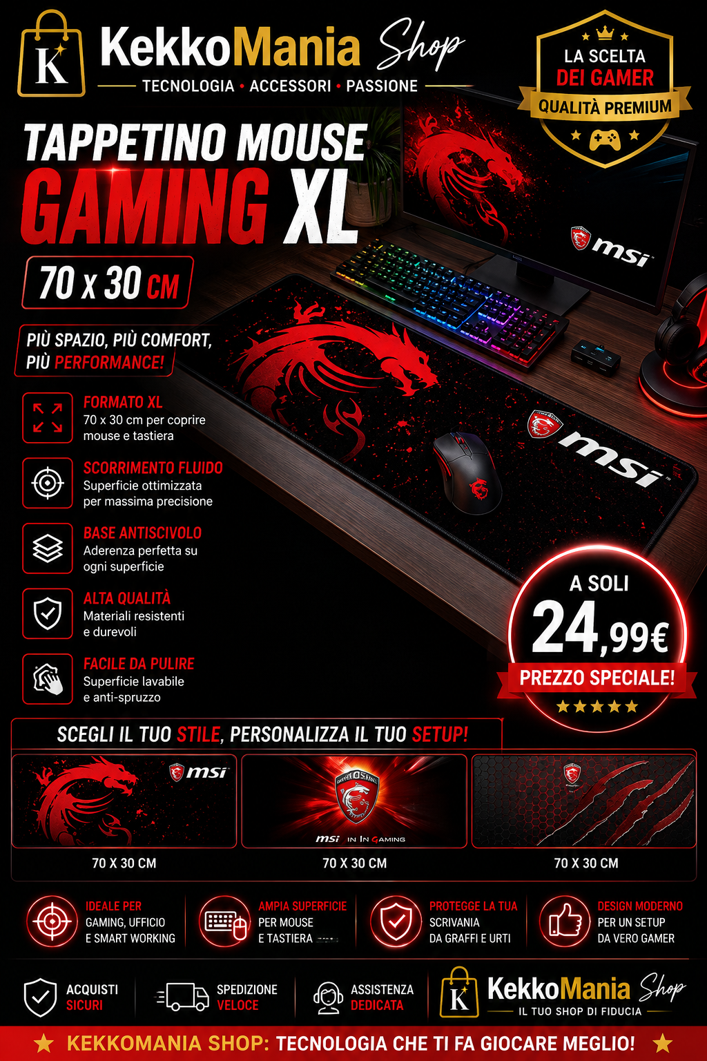 KekkoMania Shop – Tappetino Mouse Gaming XL 70×30 cm