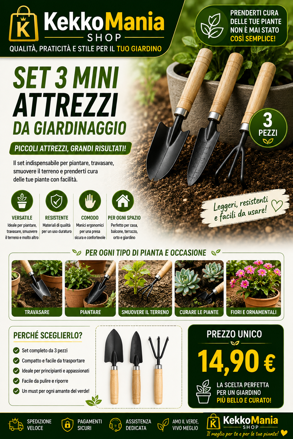 KekkoMania SHOP – Set 3 Mini Attrezzi da Giardinaggio