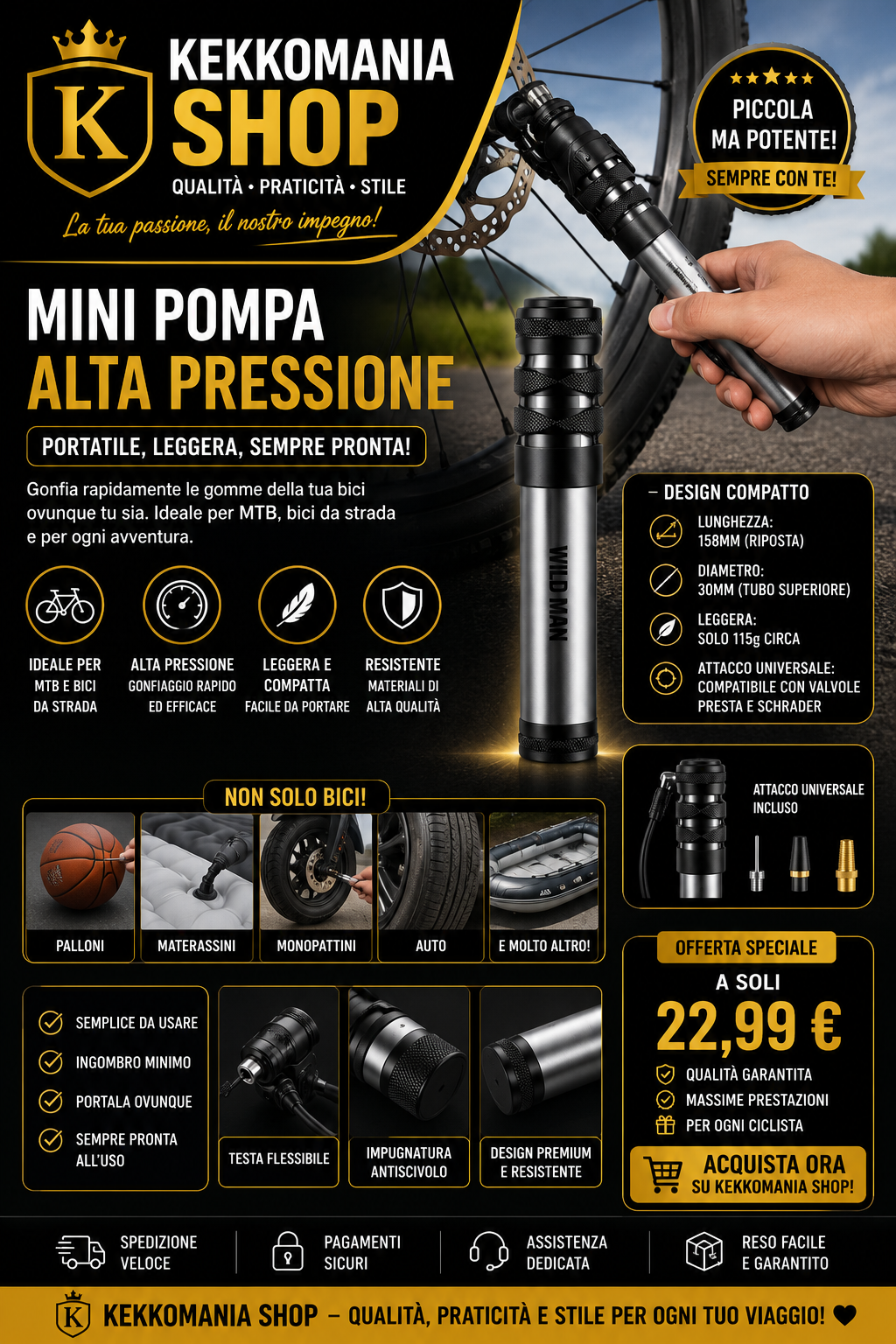 KEKKOMANIA SHOP – Mini Pompa Portatile Alta Pressione per Bicicletta MTB e Bici da Strada