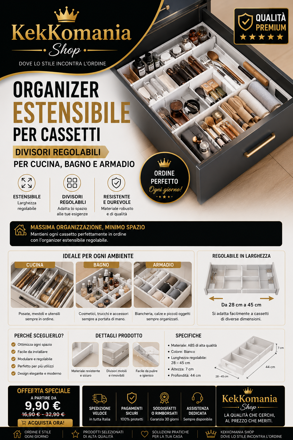Organizer Espandibile per Cassetti – Divisori Regolabili per Cucina, Bagno e Armadio