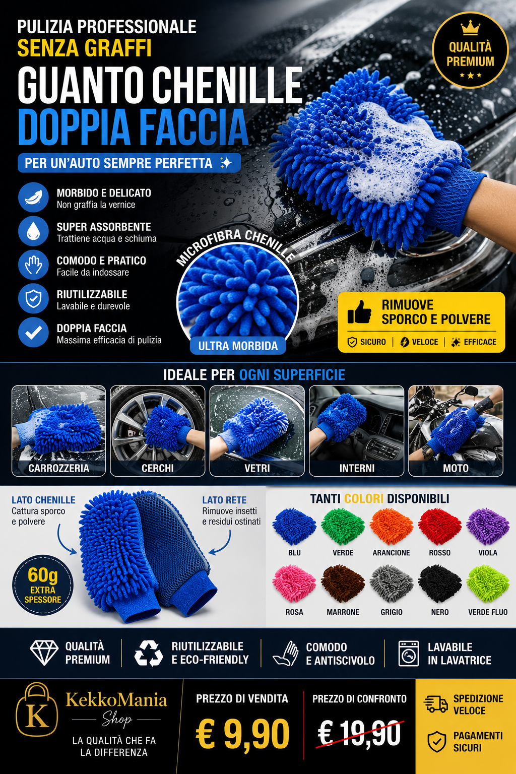 Microfiber Chenille Car Wash Mitt – Ultra-Absorbent Dual-Sided, Paint-Friendly