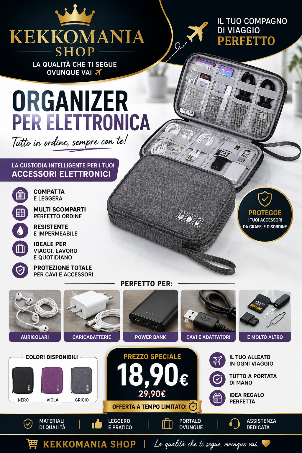 Borsa organizer per elettronica, borsa da trasporto impermeabile, borsa da viaggio, organizer universale per cavi, accessori per borse portaoggetti per elettronica