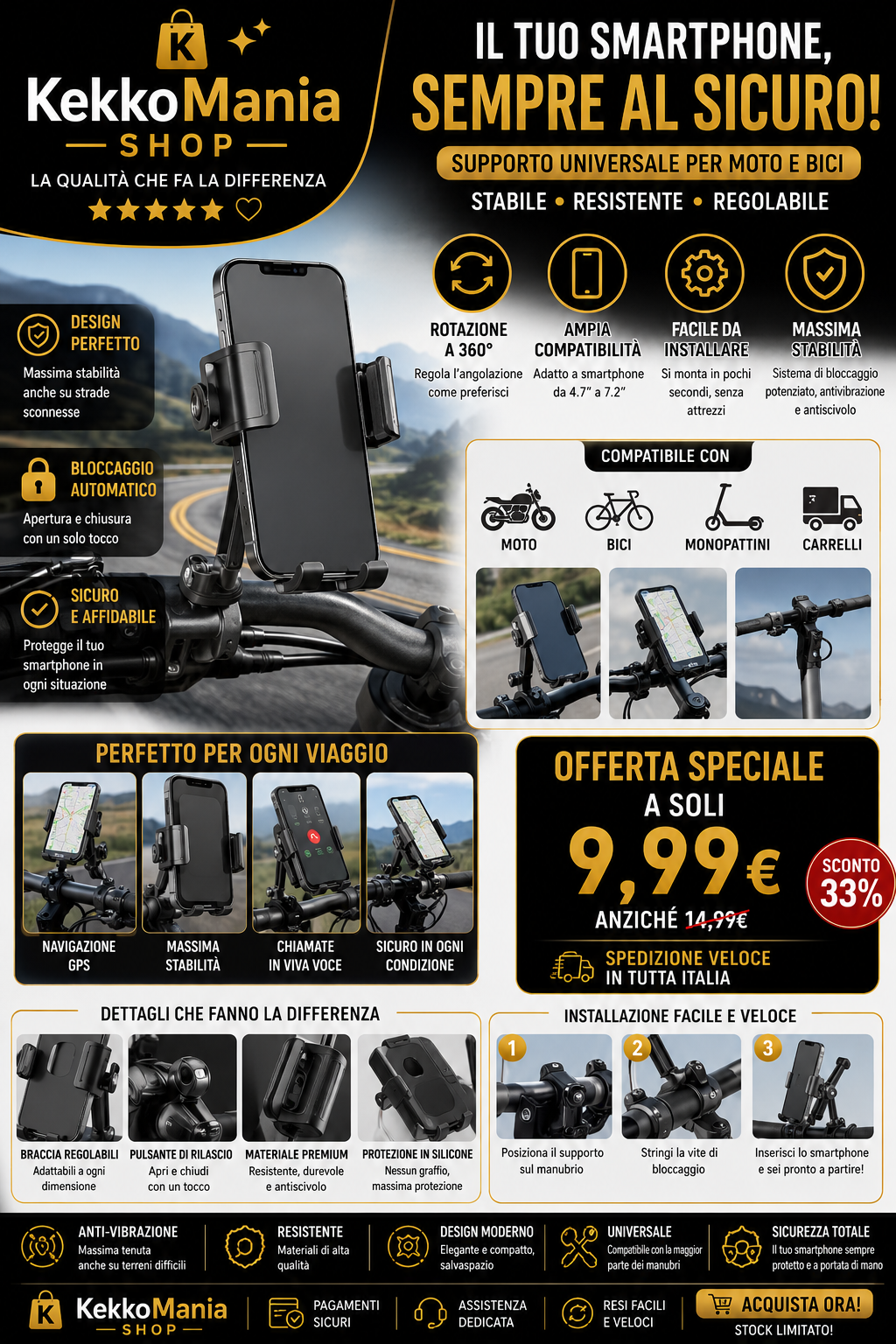Universal Smartphone Holder for Bike and Motorcycle - 360° Rotation