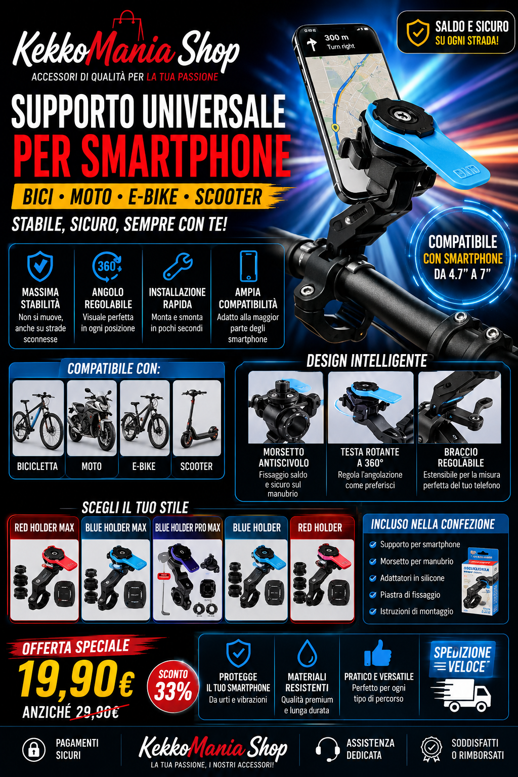 KekkoMania Shop – Supporto Universale per Smartphone da Bici, Moto, E-Bike e Scooter