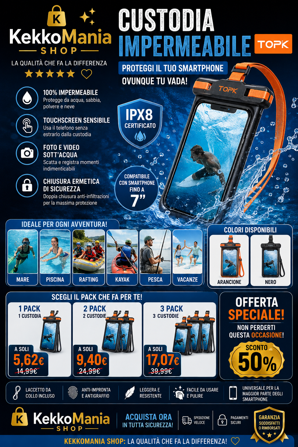 IPX8 Waterproof Pouch for Smartphones up to 7" with Lanyard – TOPK Underwater Touchscreen