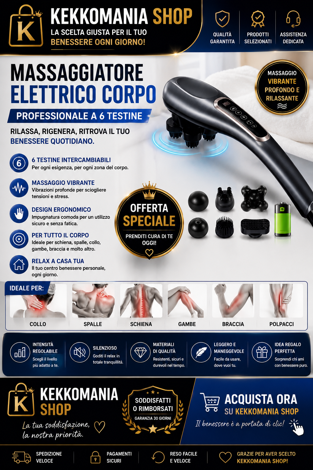 KEKKOMANIA SHOP – Massaggiatore Elettrico Corpo a 6 Testine